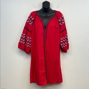 GAP Loose Fitting Long Sleeved Red Dress with Blue and White Embroidery  Size M